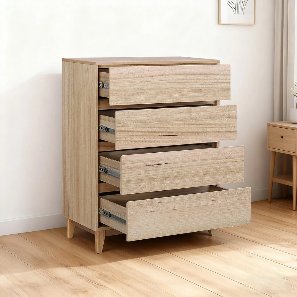 LIVARA 437 Tallboy Dresser, Tasmanian Oak Veneer, Four Drawers, Solid Wood Legs, Minimalist Scandinavian Style, Natural Finish