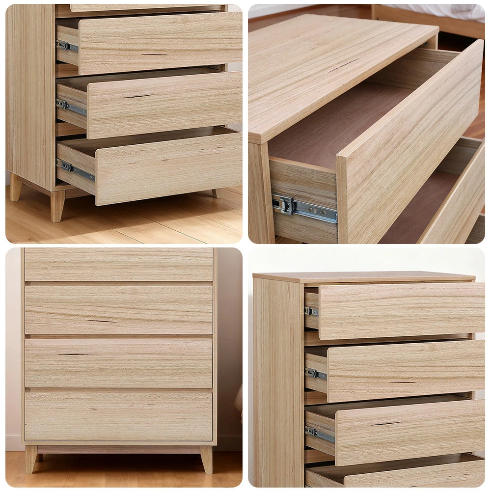 LIVARA 437 Tallboy Dresser, Tasmanian Oak Veneer, Four Drawers, Solid Wood Legs, Minimalist Scandinavian Style, Natural Finish