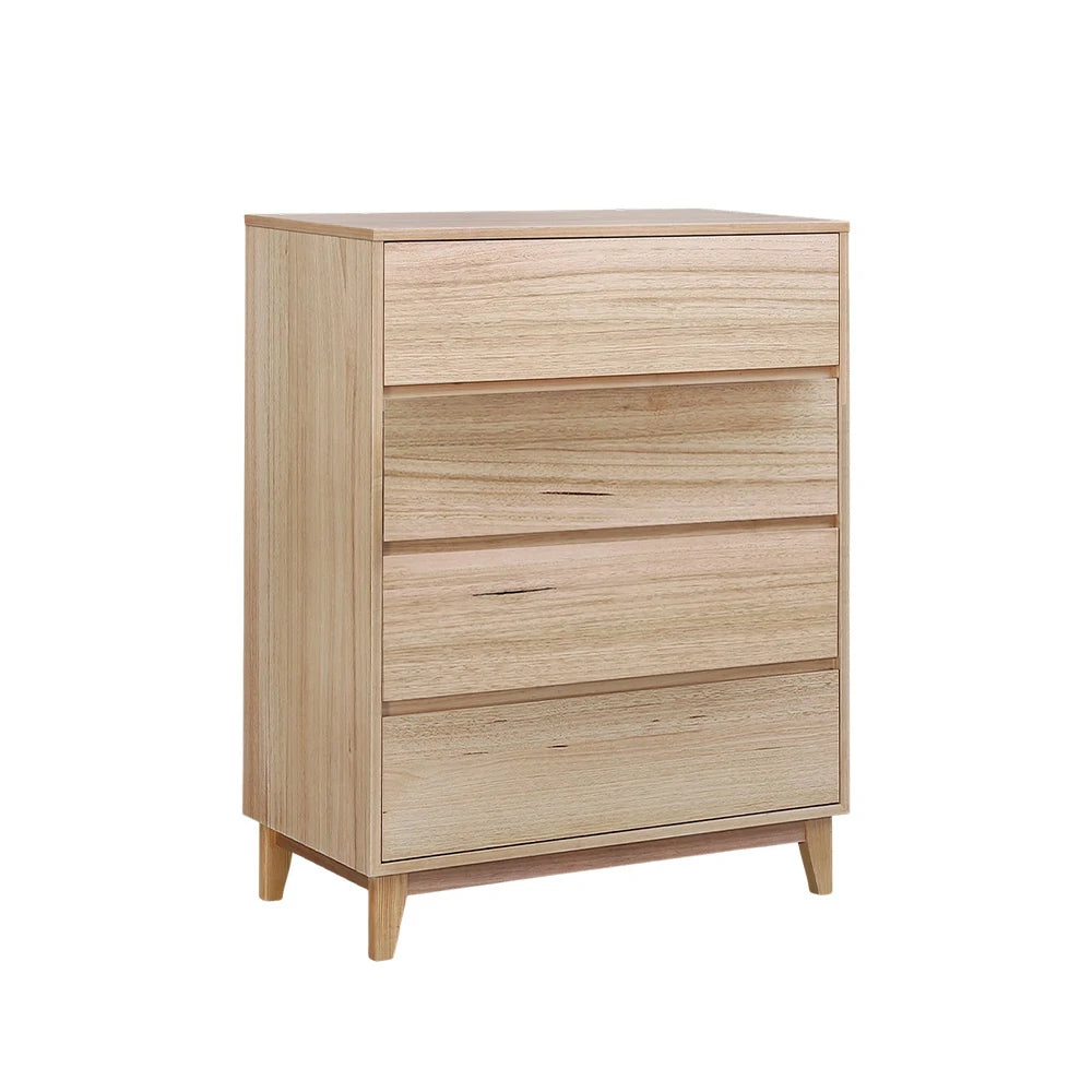 LIVARA 437 Tallboy Dresser, Tasmanian Oak Veneer, Four Drawers, Solid Wood Legs, Minimalist Scandinavian Style, Natural Finish