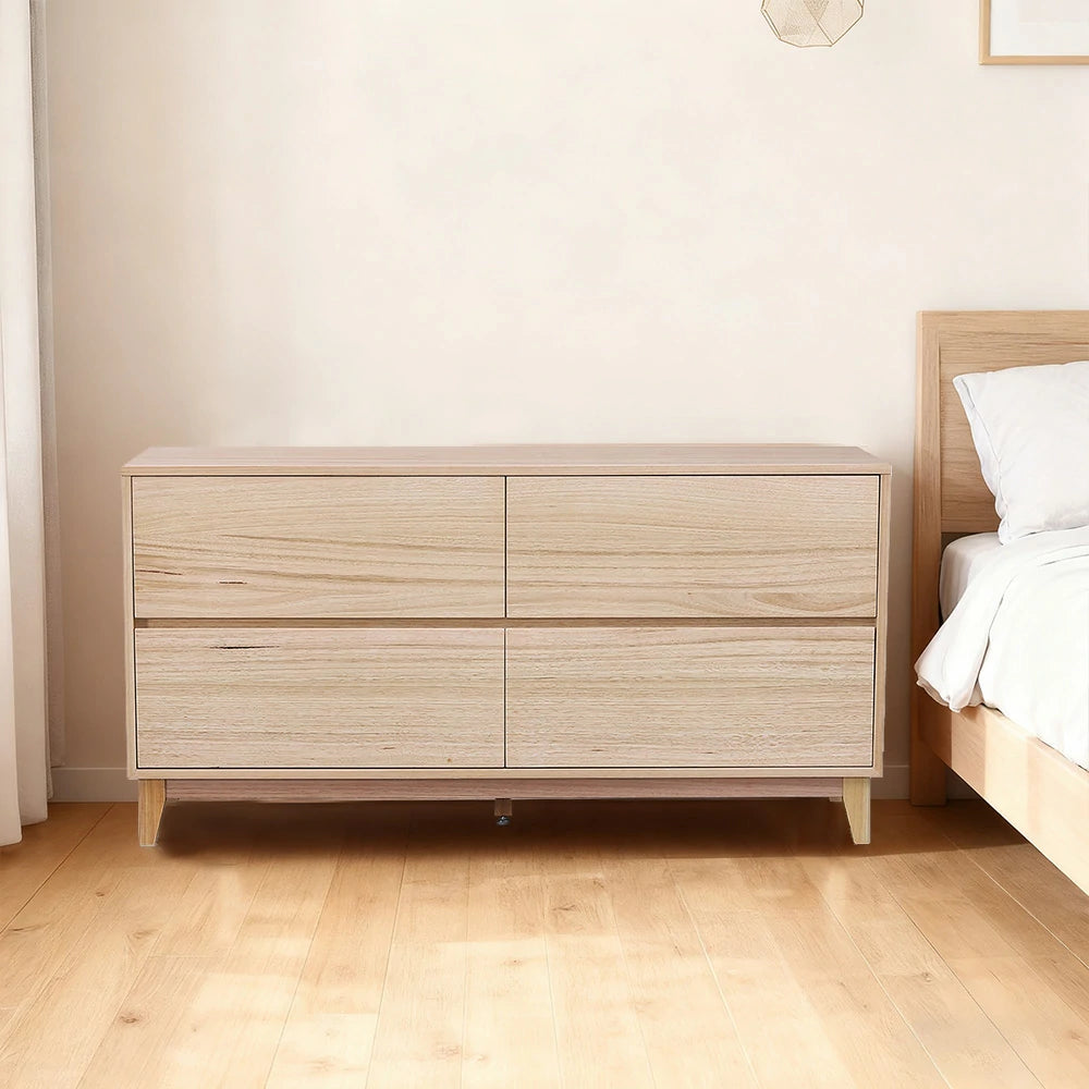 LIVARA 438 Maeve Chest of Drawers, Tasmanian Oak Veneer, Four Drawers, Low-Profile Design, Modern Scandinavian Style, Natural Finish