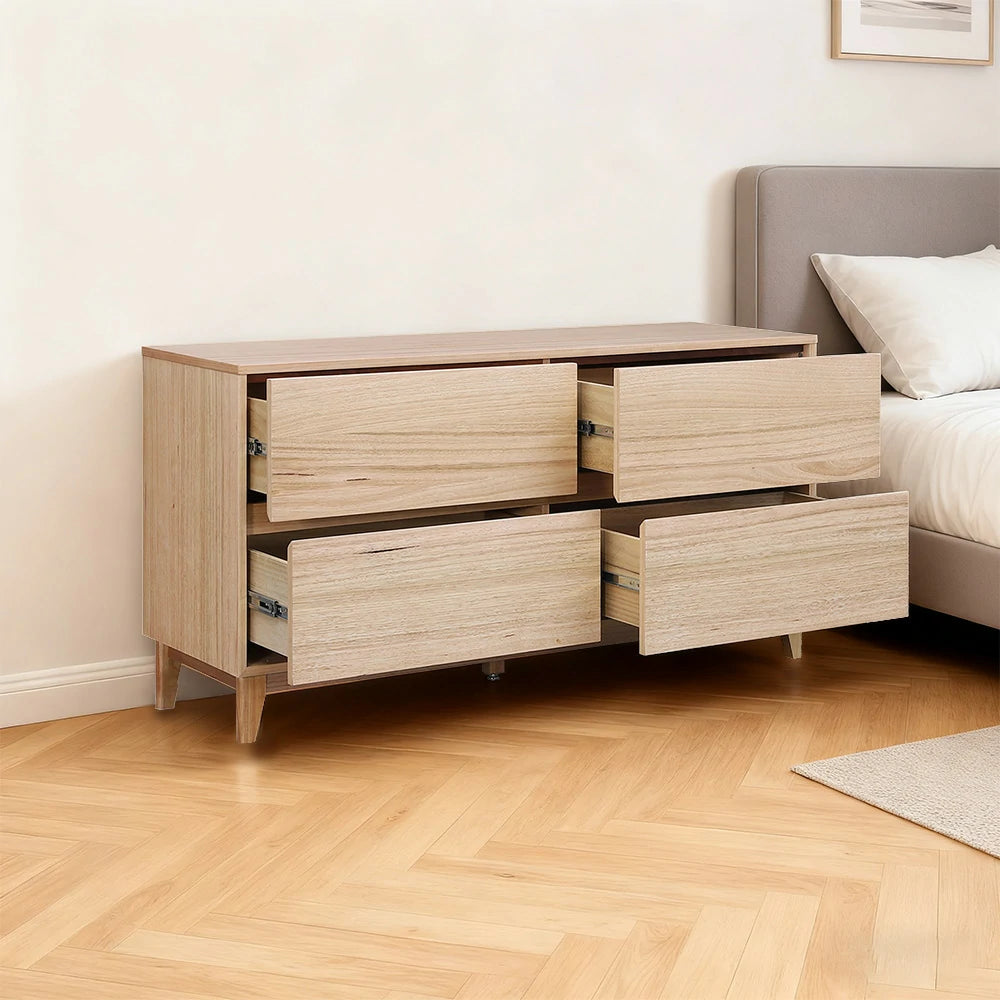 LIVARA 438 Maeve Chest of Drawers, Tasmanian Oak Veneer, Four Drawers, Low-Profile Design, Modern Scandinavian Style, Natural Finish