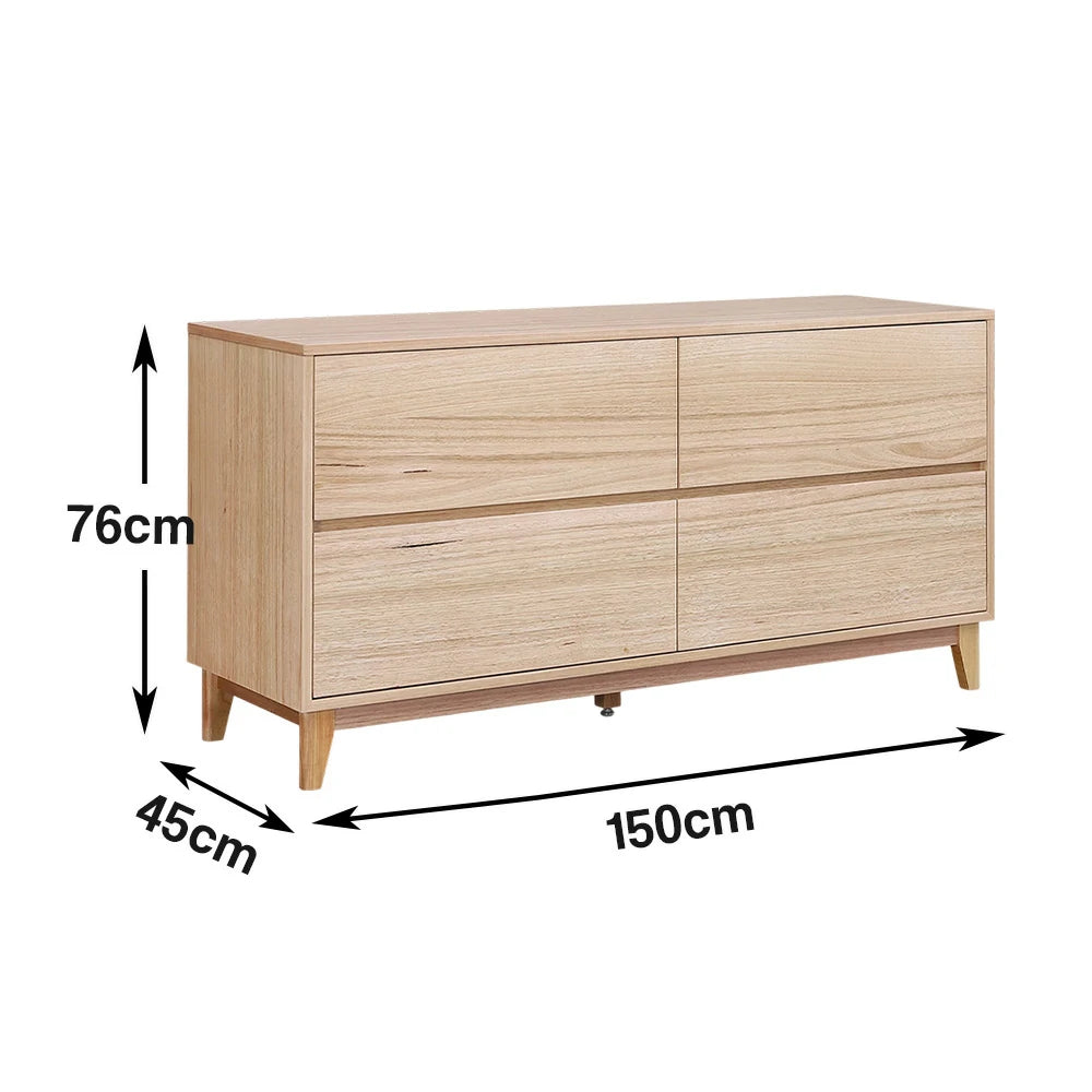LIVARA 438 Maeve Chest of Drawers, Tasmanian Oak Veneer, Four Drawers, Low-Profile Design, Modern Scandinavian Style, Natural Finish