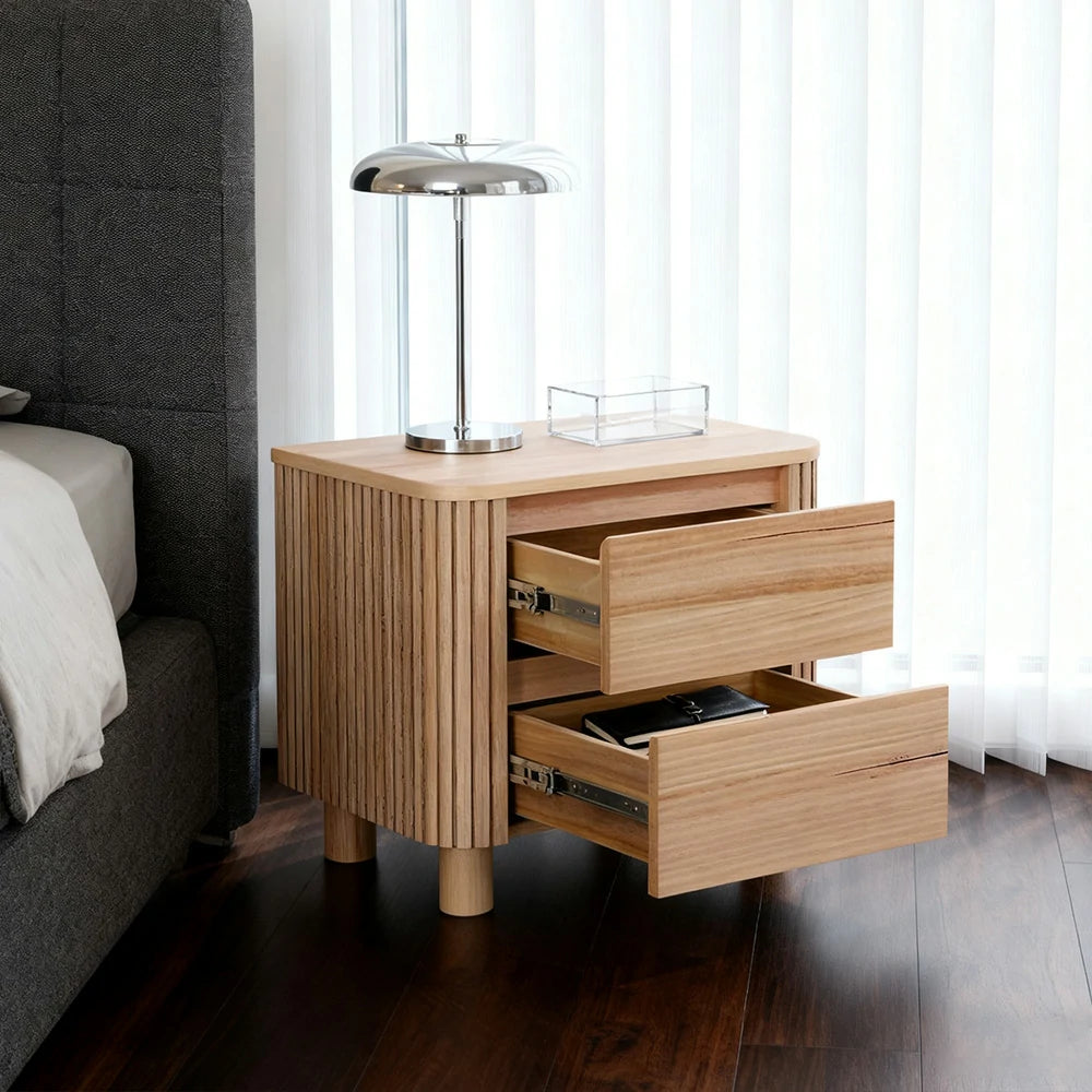 LIVARA 439 2-Drawer Bedside Table, Premium Ash Veneer, Grooved Detailing, Modern Minimalist Design – Natural Finish