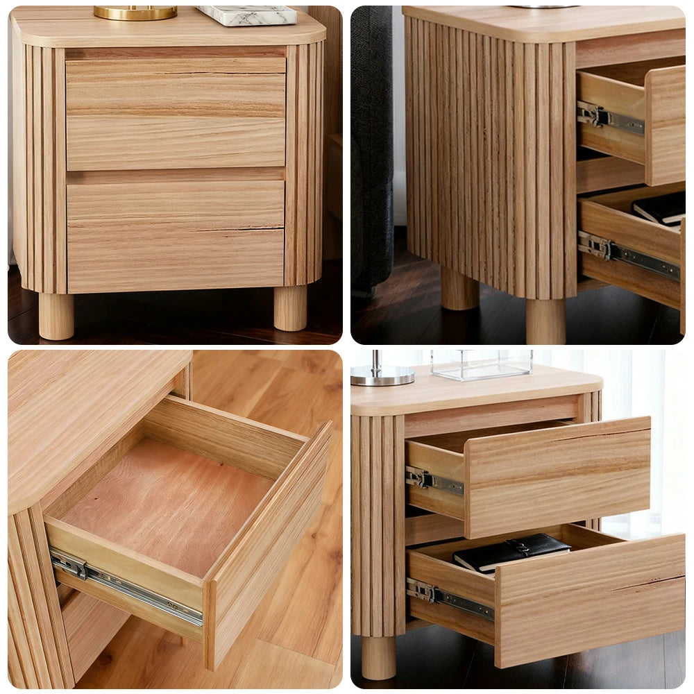 LIVARA 439 2-Drawer Bedside Table, Premium Ash Veneer, Grooved Detailing, Modern Minimalist Design – Natural Finish