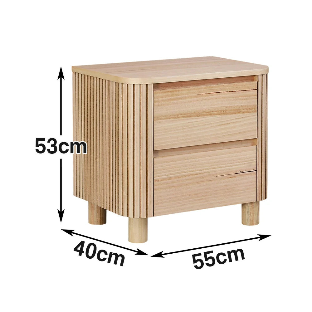 LIVARA 439 2-Drawer Bedside Table, Premium Ash Veneer, Grooved Detailing, Modern Minimalist Design – Natural Finish