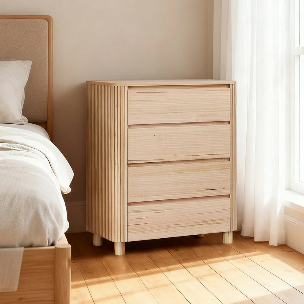 LIVARA 440 4-Drawer Tallboy, Premium Ash Veneer, Grooved Detailing, Modern Minimalist Design, Durable Structure - Natural Finish