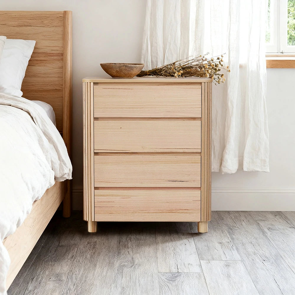 LIVARA 440 4-Drawer Tallboy, Premium Ash Veneer, Grooved Detailing, Modern Minimalist Design, Durable Structure - Natural Finish