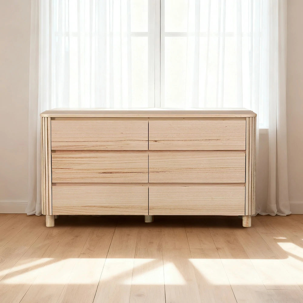 LIVARA 441 6-Drawer Dresser, Premium Ash Veneer, Rounded Corners, Wooden Handles, Modern Minimalist Design, Durable Structure - Natural Finish