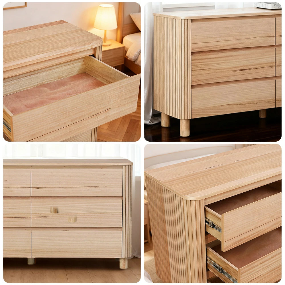 LIVARA 441 6-Drawer Dresser, Premium Ash Veneer, Rounded Corners, Wooden Handles, Modern Minimalist Design, Durable Structure - Natural Finish