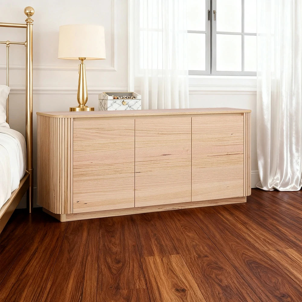 LIVARA 442 3-Door Buffet Sideboard, Premium Ash Veneer, Grooved Detailing, Rounded Corners, Modern Minimalist Design - Natural Finish