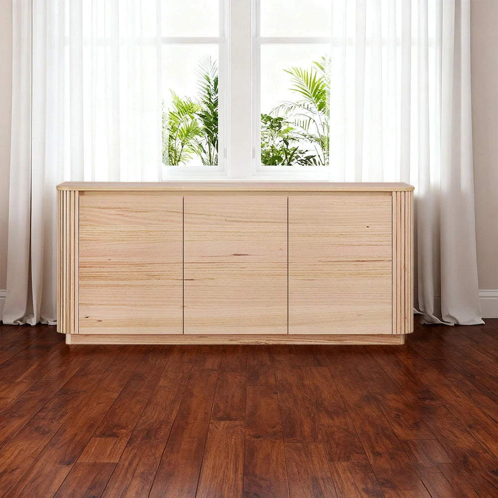 LIVARA 442 3-Door Buffet Sideboard, Premium Ash Veneer, Grooved Detailing, Rounded Corners, Modern Minimalist Design - Natural Finish