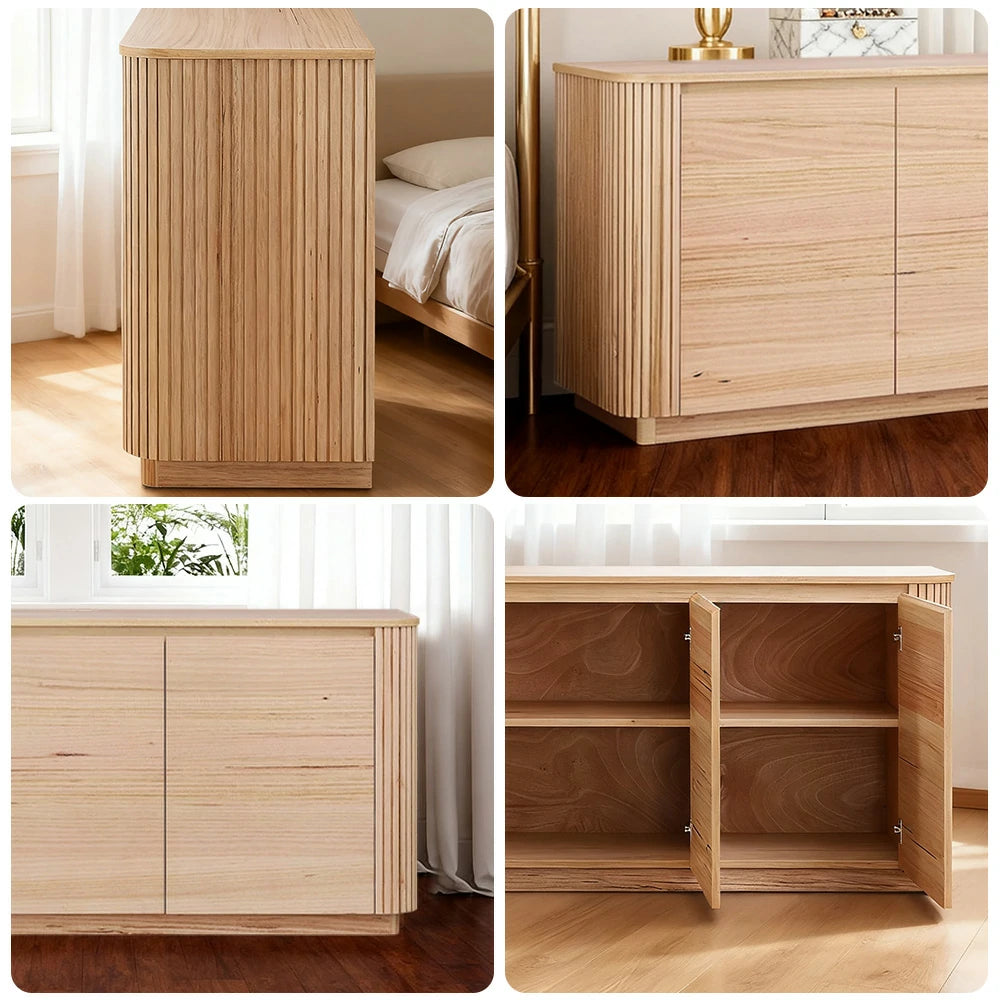 LIVARA 442 3-Door Buffet Sideboard, Premium Ash Veneer, Grooved Detailing, Rounded Corners, Modern Minimalist Design - Natural Finish