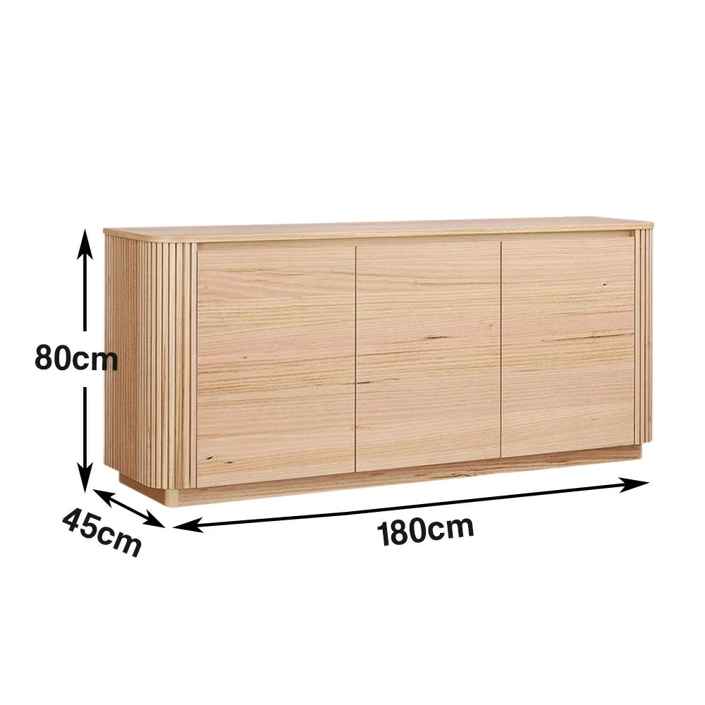 LIVARA 442 3-Door Buffet Sideboard, Premium Ash Veneer, Grooved Detailing, Rounded Corners, Modern Minimalist Design - Natural Finish