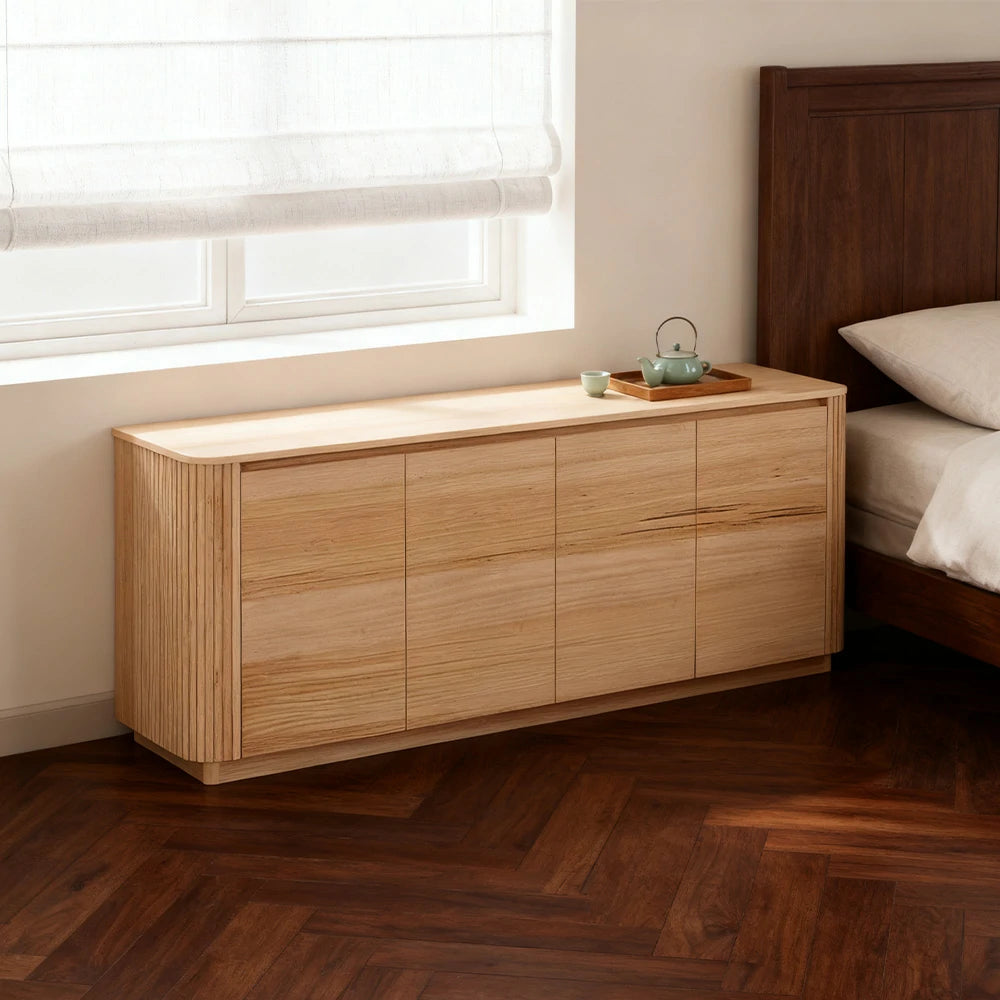 LIVARA 443 4-Door Buffet Sideboard - Premium Ash Veneer - Grooved Detailing - Rounded Corners - Modern Minimalist Design - Natural Finish