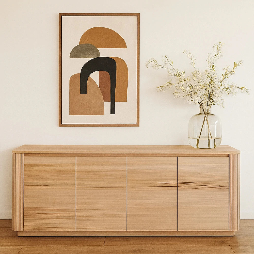 LIVARA 443 4-Door Buffet Sideboard - Premium Ash Veneer - Grooved Detailing - Rounded Corners - Modern Minimalist Design - Natural Finish