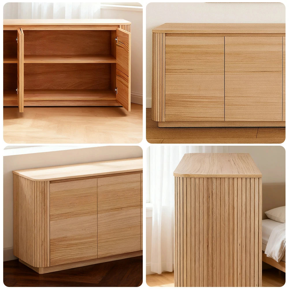 LIVARA 443 4-Door Buffet Sideboard - Premium Ash Veneer - Grooved Detailing - Rounded Corners - Modern Minimalist Design - Natural Finish