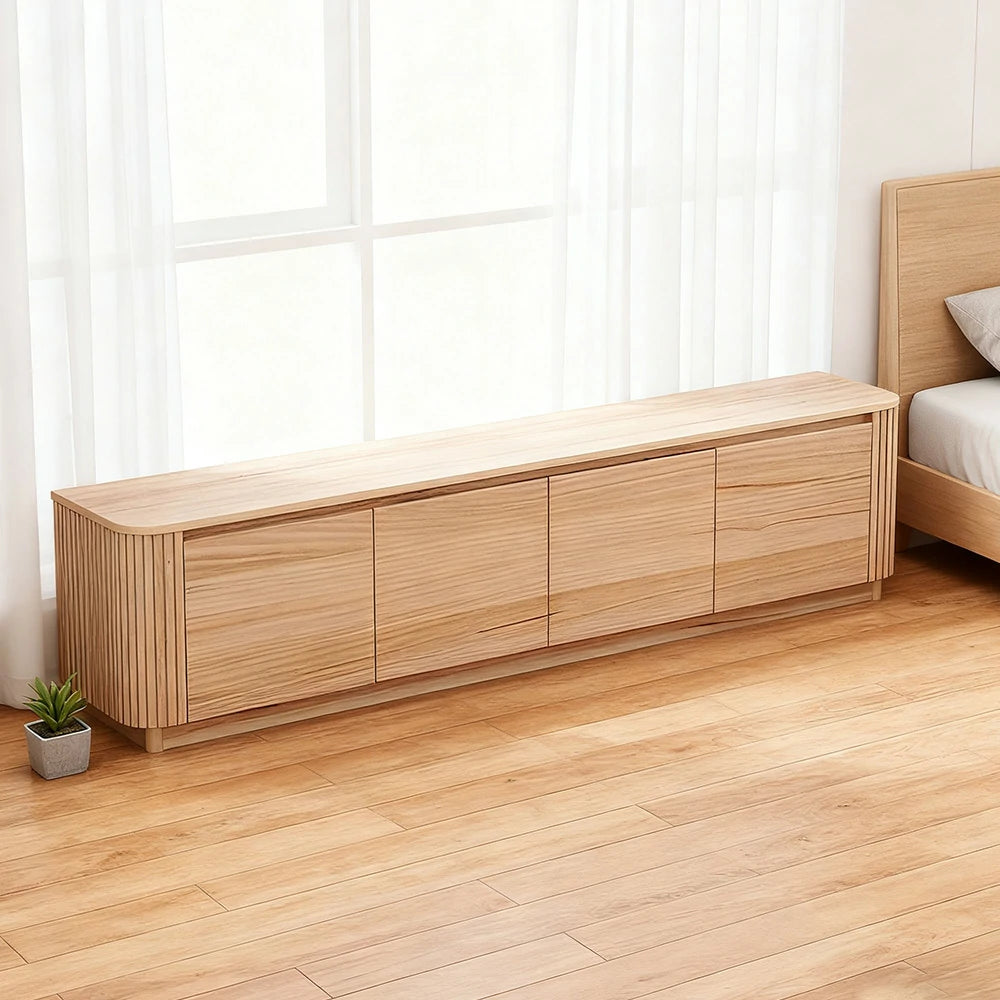 LIVARA 445 4-Door TV Unit with Premium Ash Veneer, Grooved Texture, Rounded Corners and Natural Wood Finish