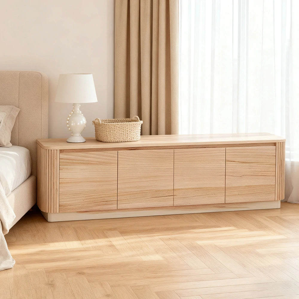 LIVARA 445 4-Door Buffet Cabinet - Premium Ash Veneer - Grooved Texture - Rounded Corners - Sleek Contemporary Design - Natural Wood Finish