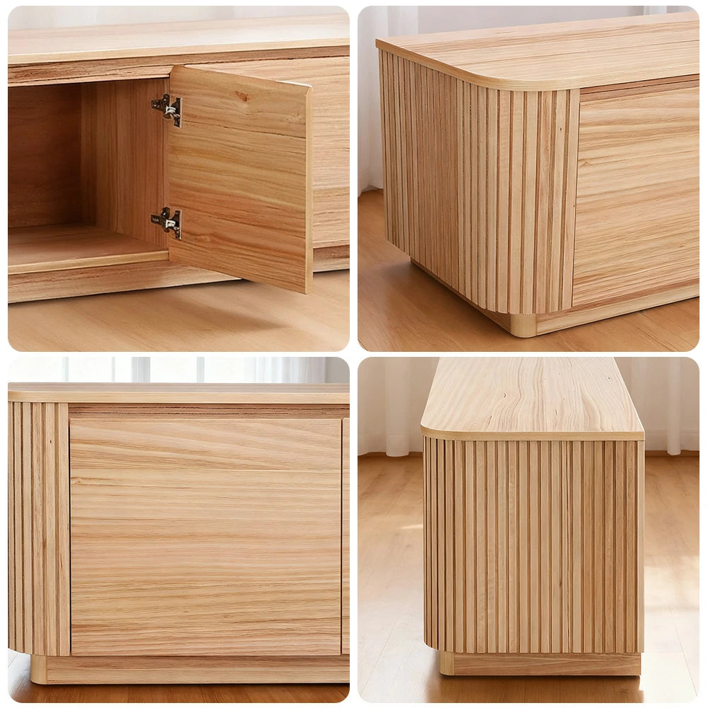 LIVARA 445 4-Door TV Unit with Premium Ash Veneer, Grooved Texture, Rounded Corners and Natural Wood Finish