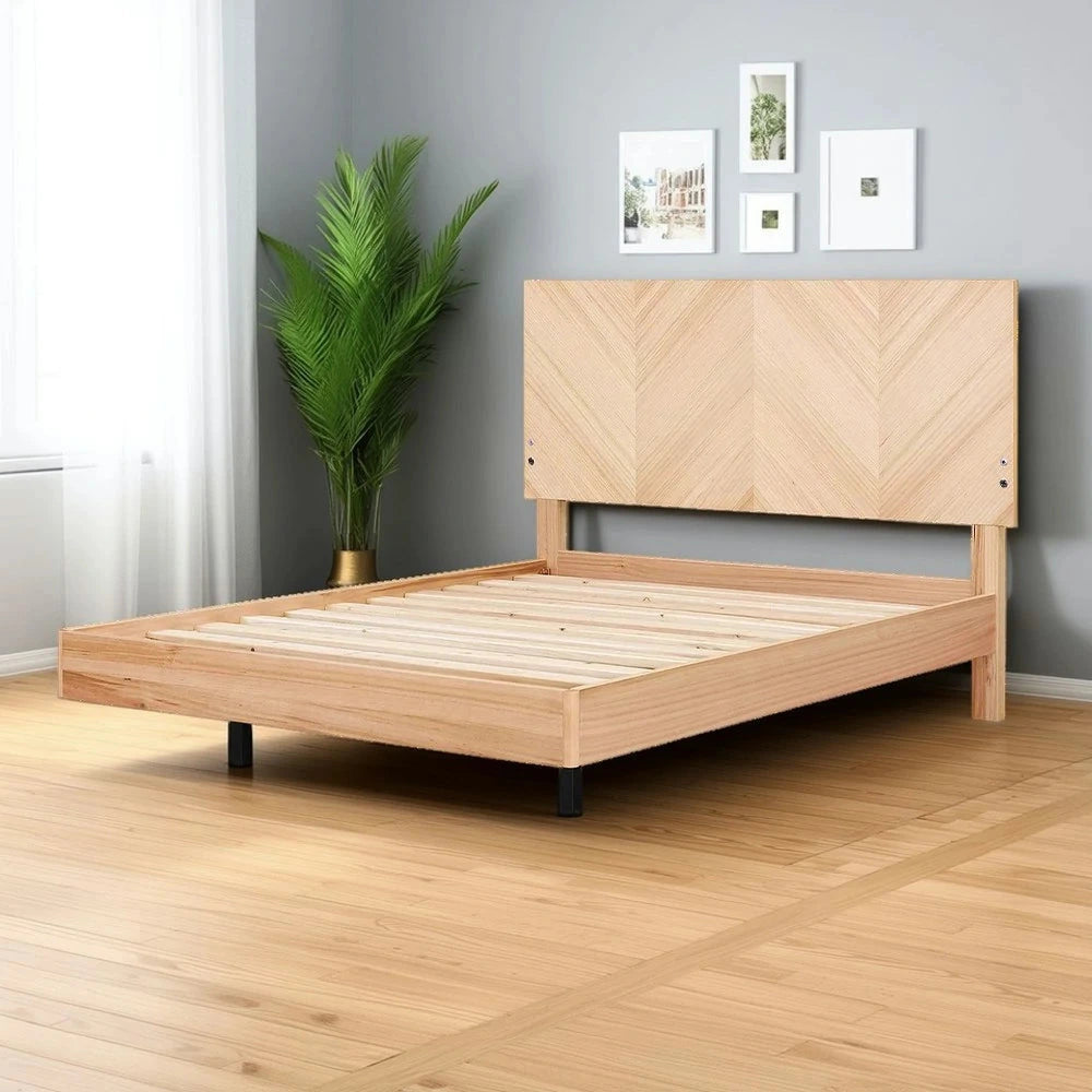 LIVARA 446 Queen Bed Frame - V-Shaped Headboard - Premium Ash Veneer - LED Ambient Lighting - USB Charging Port - Modern Bedroom Design - Natural Finish