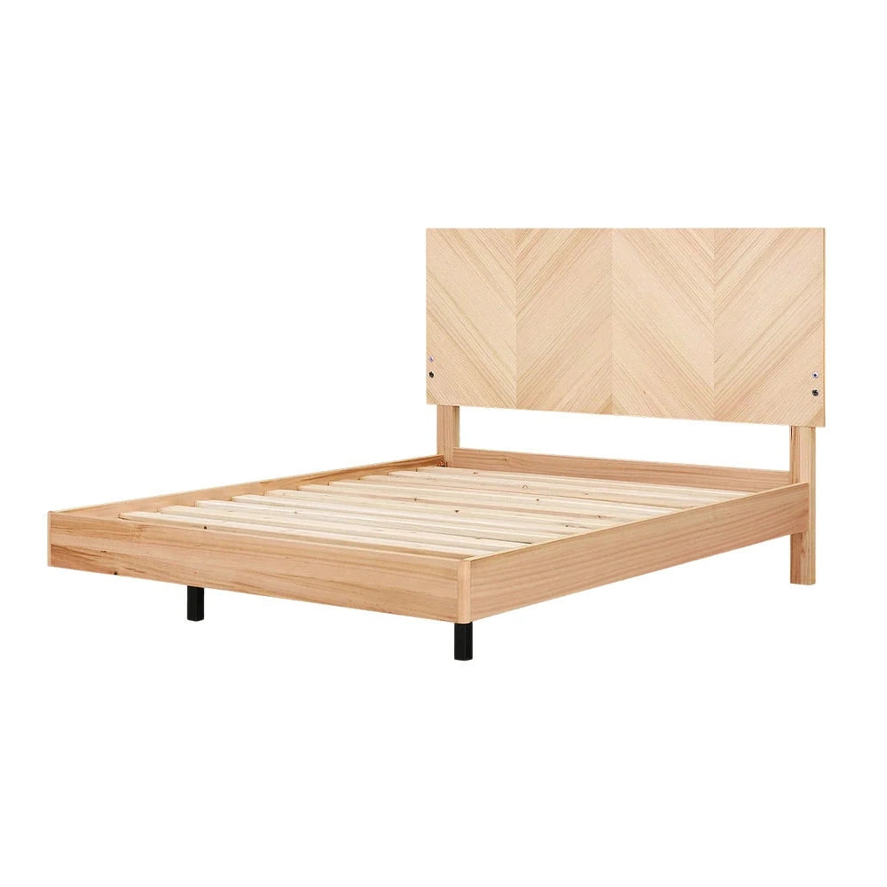 LIVARA 446 Queen Bed Frame - V-Shaped Headboard - Premium Ash Veneer - LED Ambient Lighting - USB Charging Port - Modern Bedroom Design - Natural Finish