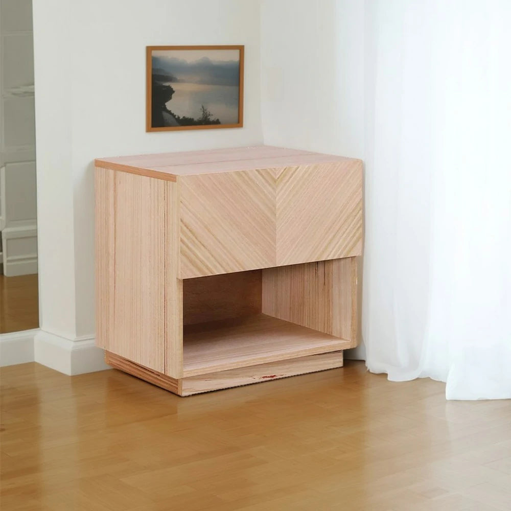 LIVARA 448 Bedside Table - V-Shaped Drawer Design - Premium Ash Veneer - Open Shelf Storage - Sleek Modern Style - Natural Wood Finish