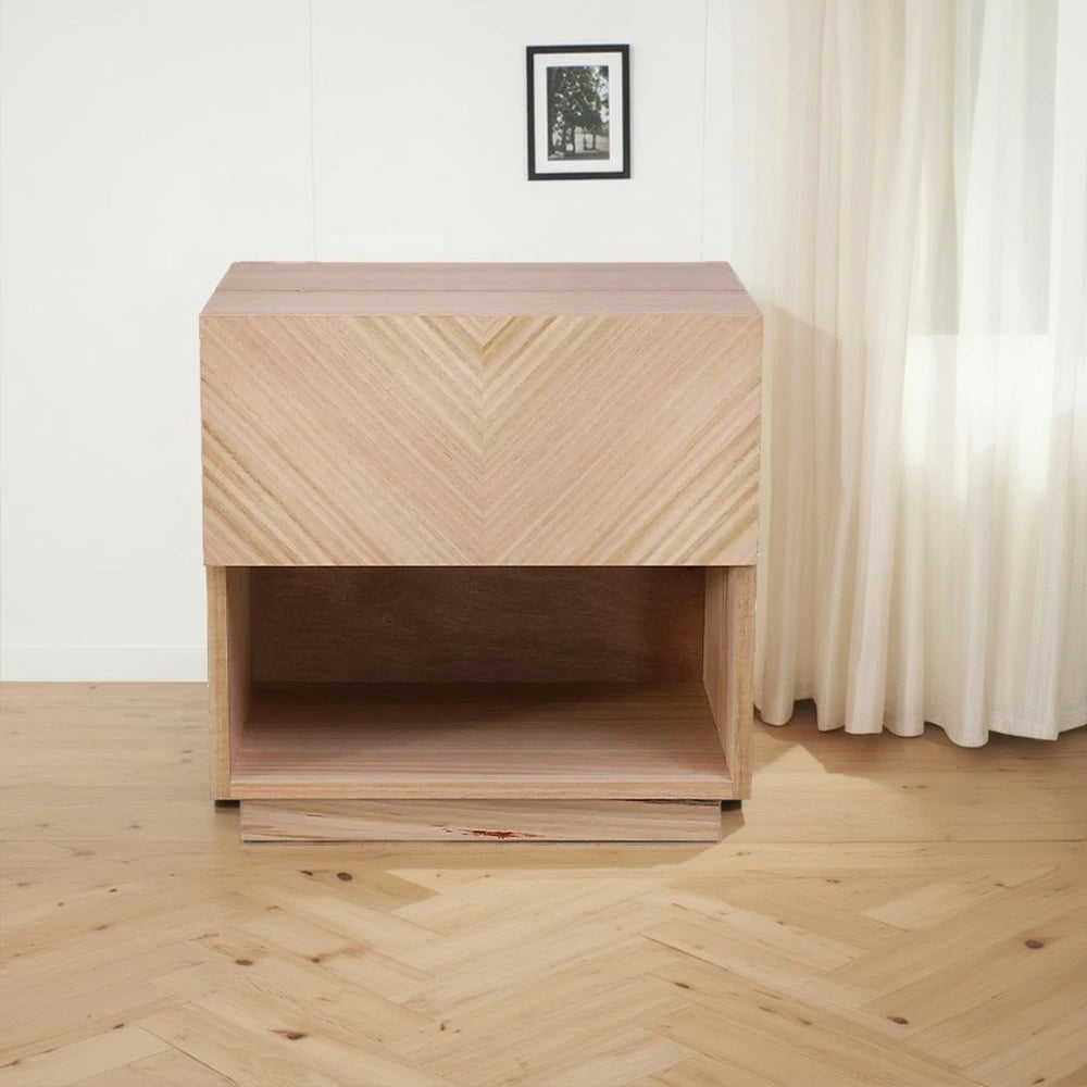 LIVARA 448 Bedside Table - V-Shaped Drawer Design - Premium Ash Veneer - Open Shelf Storage - Sleek Modern Style - Natural Wood Finish
