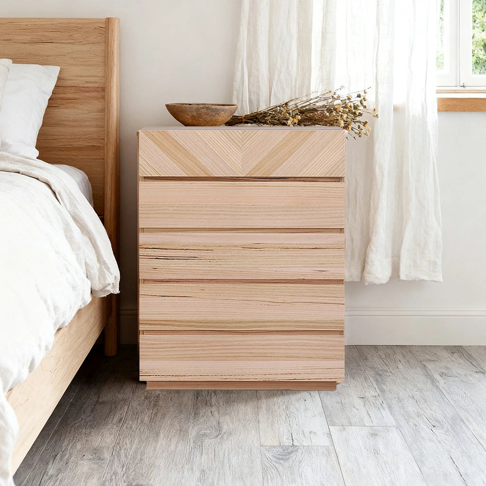 LIVARA 449 5-Drawer Tallboy with V-Shaped Drawer Pattern, Premium Ash Veneer, Spacious Storage and Natural Finish