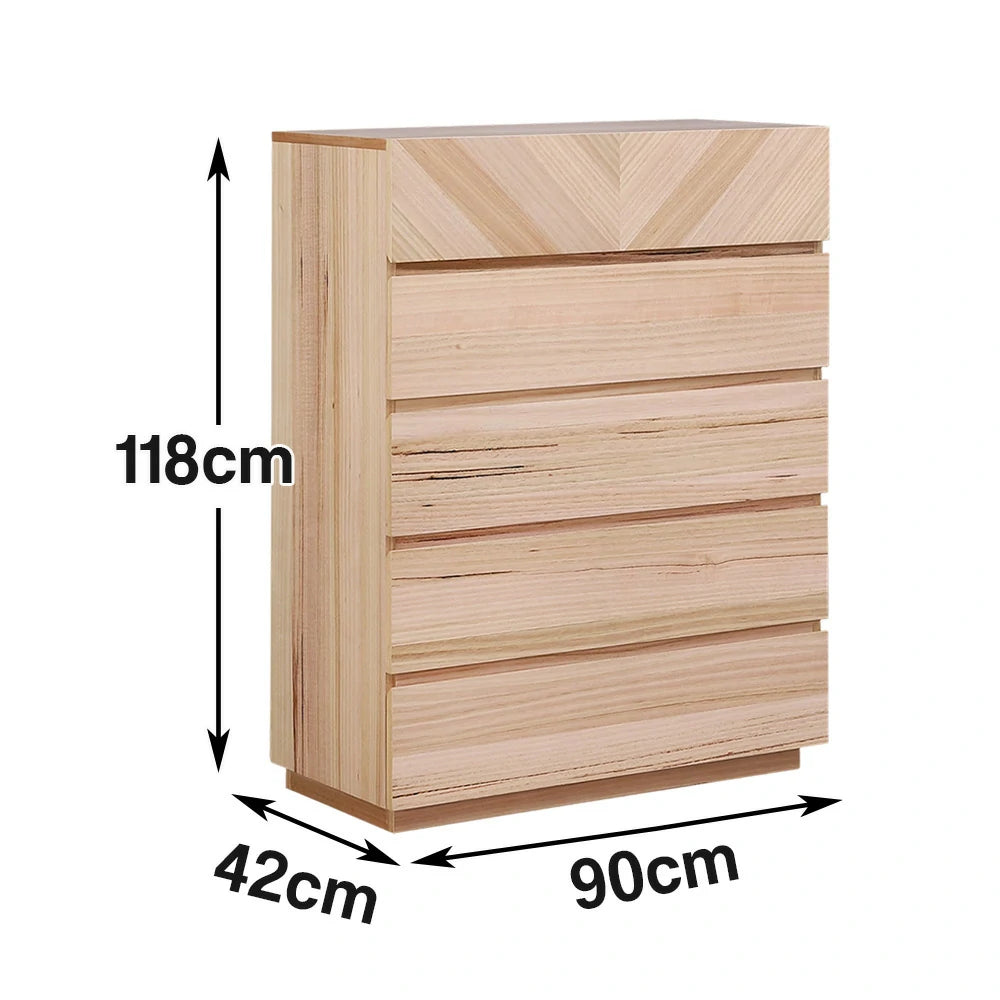 LIVARA 449 5-Drawer Tallboy with V-Shaped Drawer Pattern, Premium Ash Veneer, Spacious Storage and Natural Finish