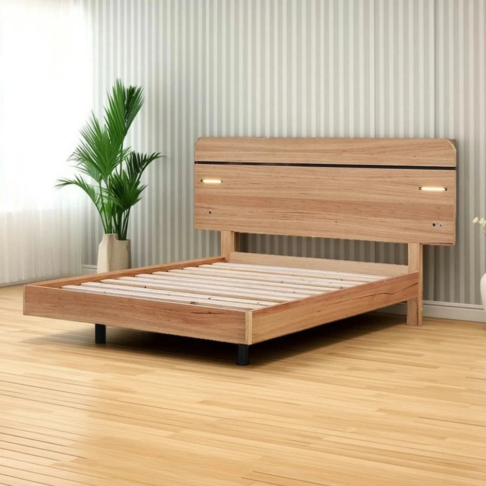 LIVARA 451 Queen Bed Frame - Blackbutt Veneer - Rounded Corners - LED Ambient Lighting - Minimalist Scandinavian Style - Natural Wood Finish