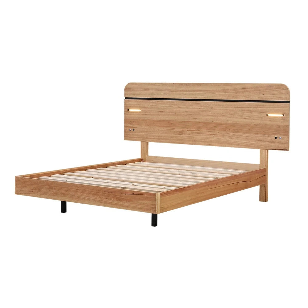 LIVARA 451 Queen Bed Frame - Blackbutt Veneer - Rounded Corners - LED Ambient Lighting - Minimalist Scandinavian Style - Natural Wood Finish
