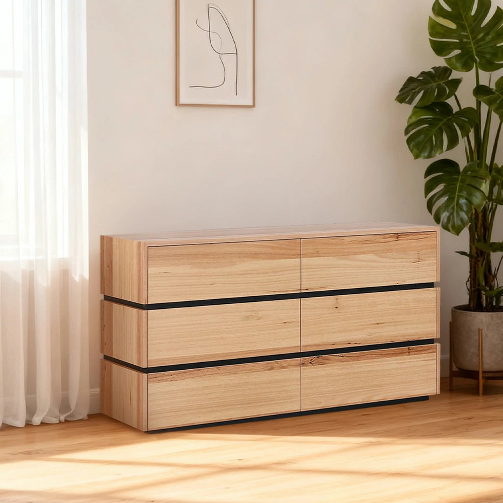 LIVARA 455 150cm 6-Drawer Dresser in Blackbutt Veneer with Natural Wood Texture and Modern Minimalist Design