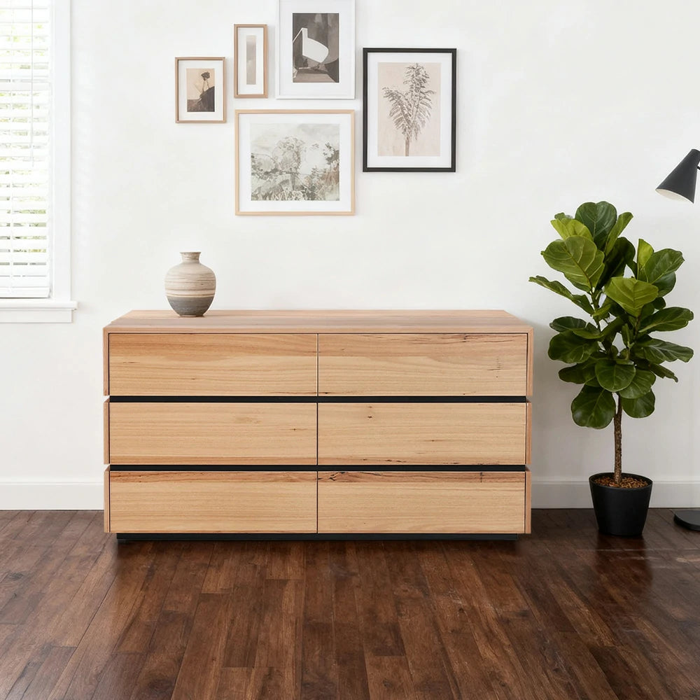 LIVARA 455 150cm 6-Drawer Dresser in Blackbutt Veneer with Natural Wood Texture and Modern Minimalist Design