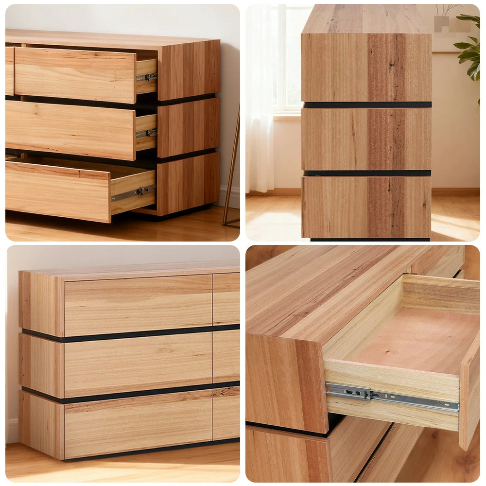 LIVARA 455 150cm 6-Drawer Dresser in Blackbutt Veneer with Natural Wood Texture and Modern Minimalist Design