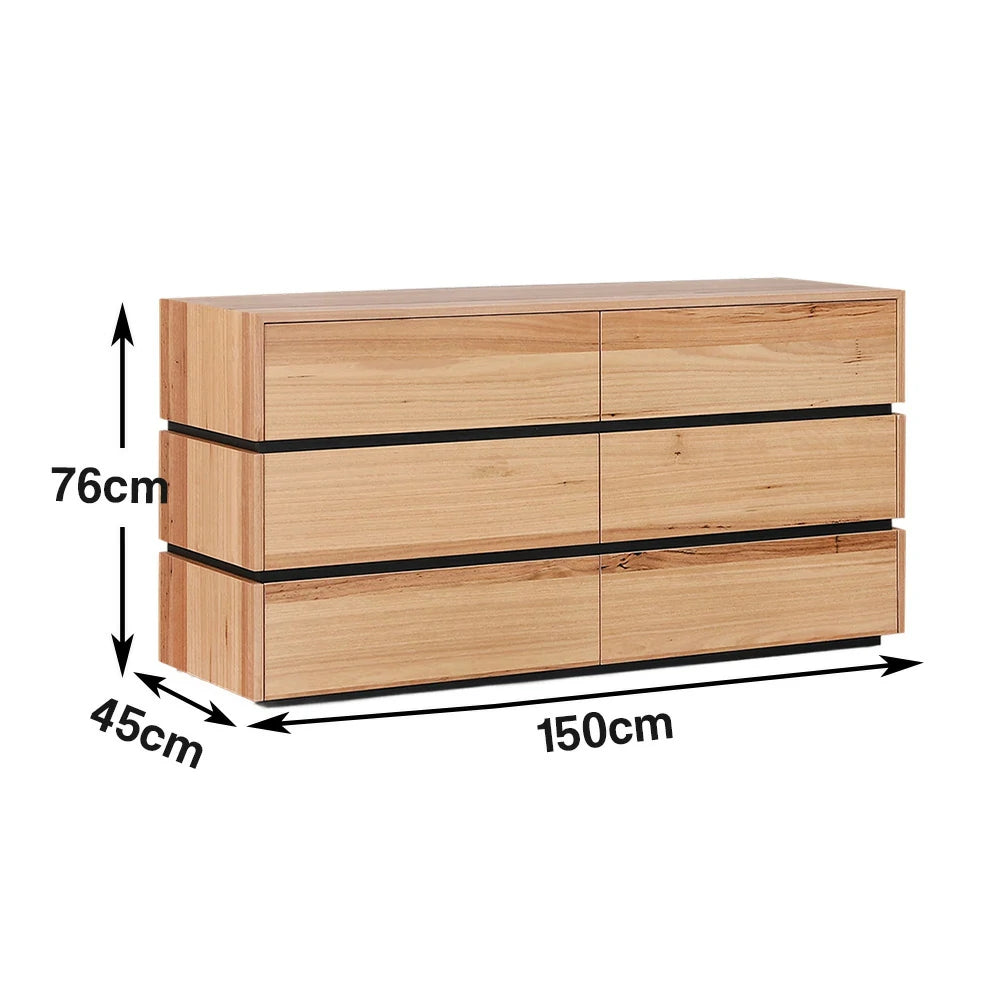 LIVARA 455 150cm 6-Drawer Dresser in Blackbutt Veneer with Natural Wood Texture and Modern Minimalist Design