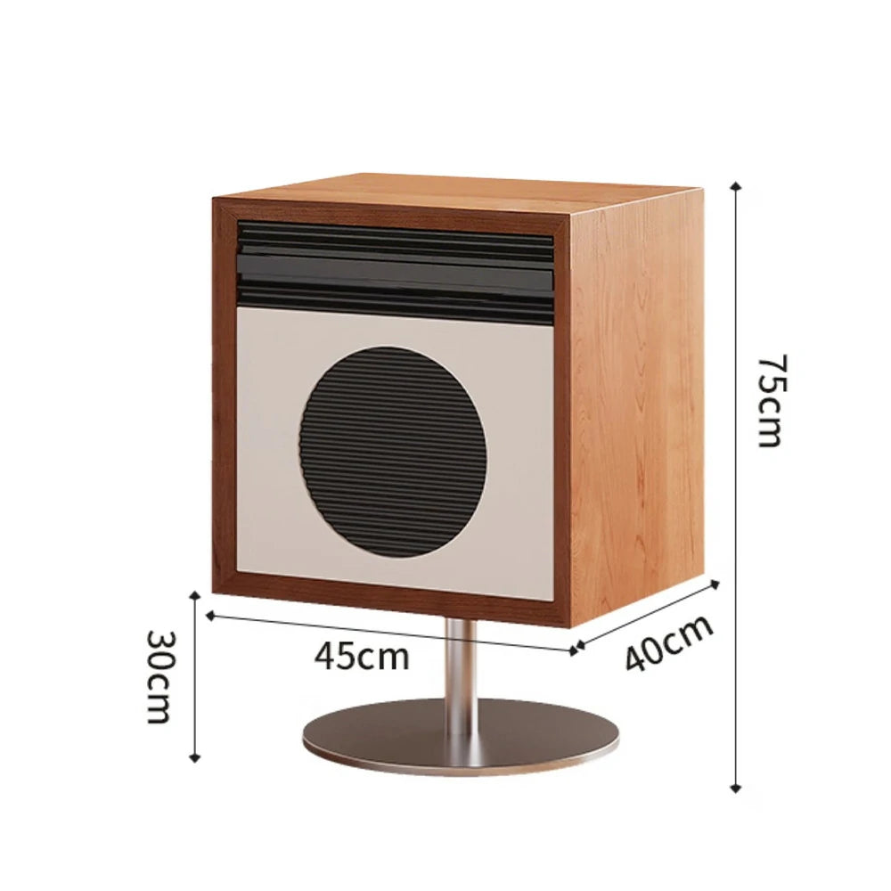 LIVARA 8801 Solid Wood Bedside Table Flip Drawer with Translucent Acrylic, Rotating Stainless Steel Accents - Wood and White