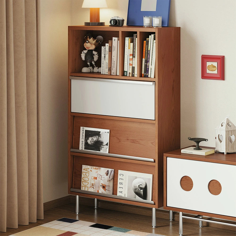 LIVARA 9807 Solid Wood Veneer Storage Cabinet, Flip-Up & Drop-Down Doors with Dual Drawers, Stainless Steel Legs - Wood and White