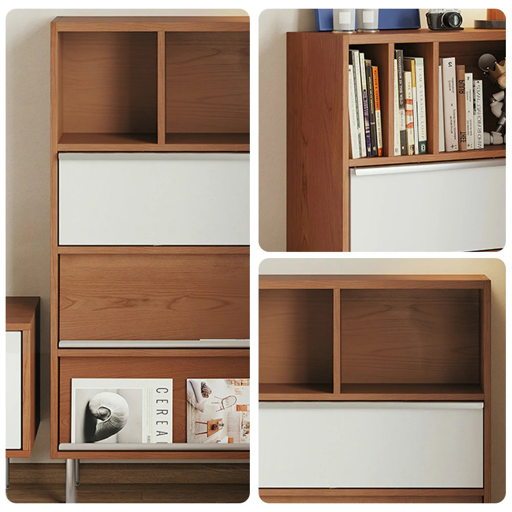 LIVARA 9807 Solid Wood Veneer Storage Cabinet, Flip-Up & Drop-Down Doors with Dual Drawers, Stainless Steel Legs - Wood and White