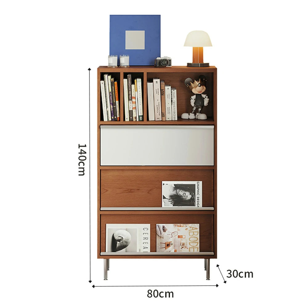 LIVARA 9807 Solid Wood Veneer Storage Cabinet, Flip-Up & Drop-Down Doors with Dual Drawers, Stainless Steel Legs - Wood and White