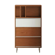 LIVARA 9807 Solid Wood Veneer Storage Cabinet, Flip-Up & Drop-Down Doors with Dual Drawers, Stainless Steel Legs - Wood and White