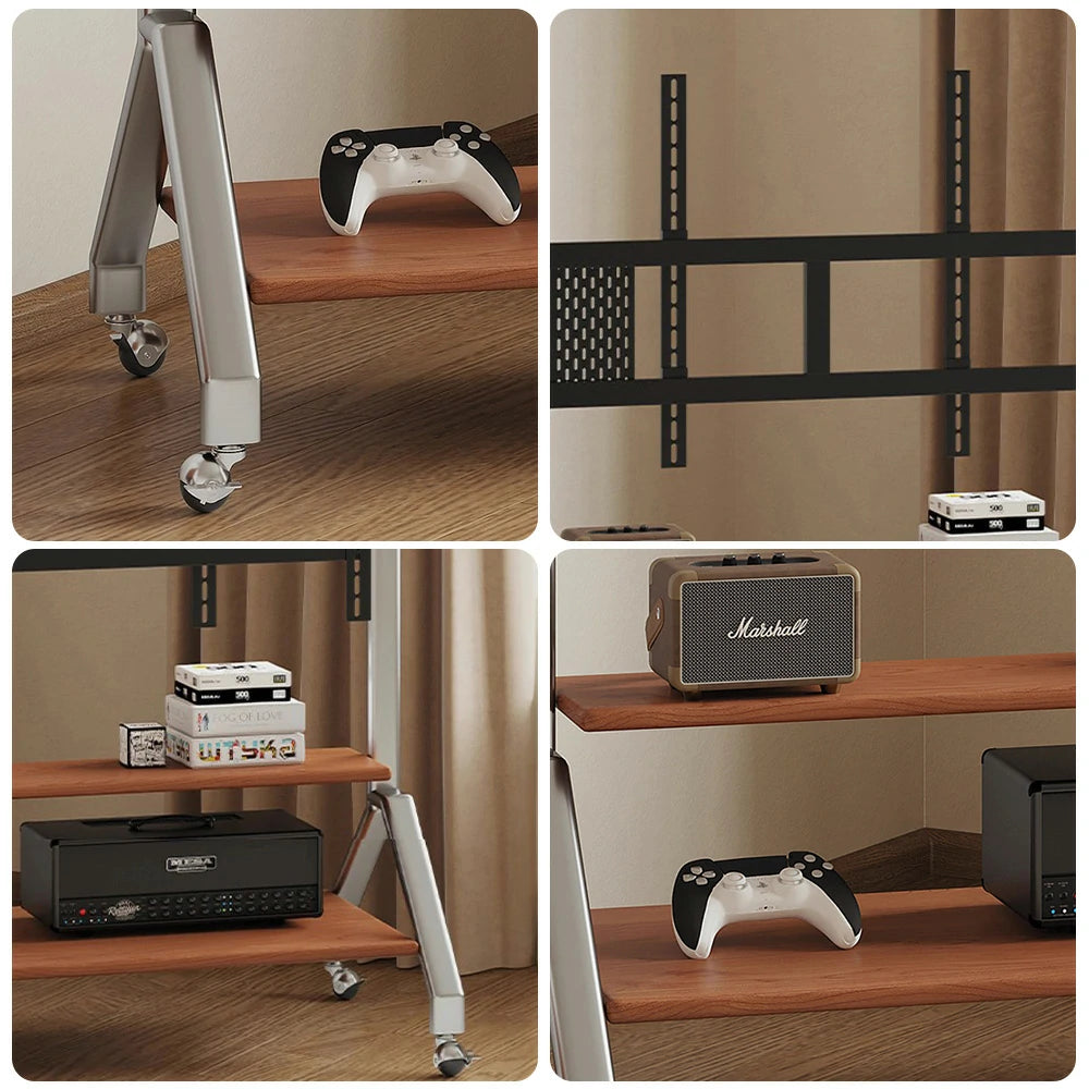 LIVARA 8811 Wooden TV Unit, Stainless Steel Frame & Casters, Pegboard & Adjustable Stand, Flexible Design - Wood