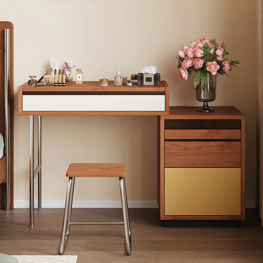 LIVARA 8812 Solid Wood Vanity Table, Rubberwood With Cherry Veneer, Stainless Steel Legs, Soft-Close Drawers, Extendable Tabletop - Wood