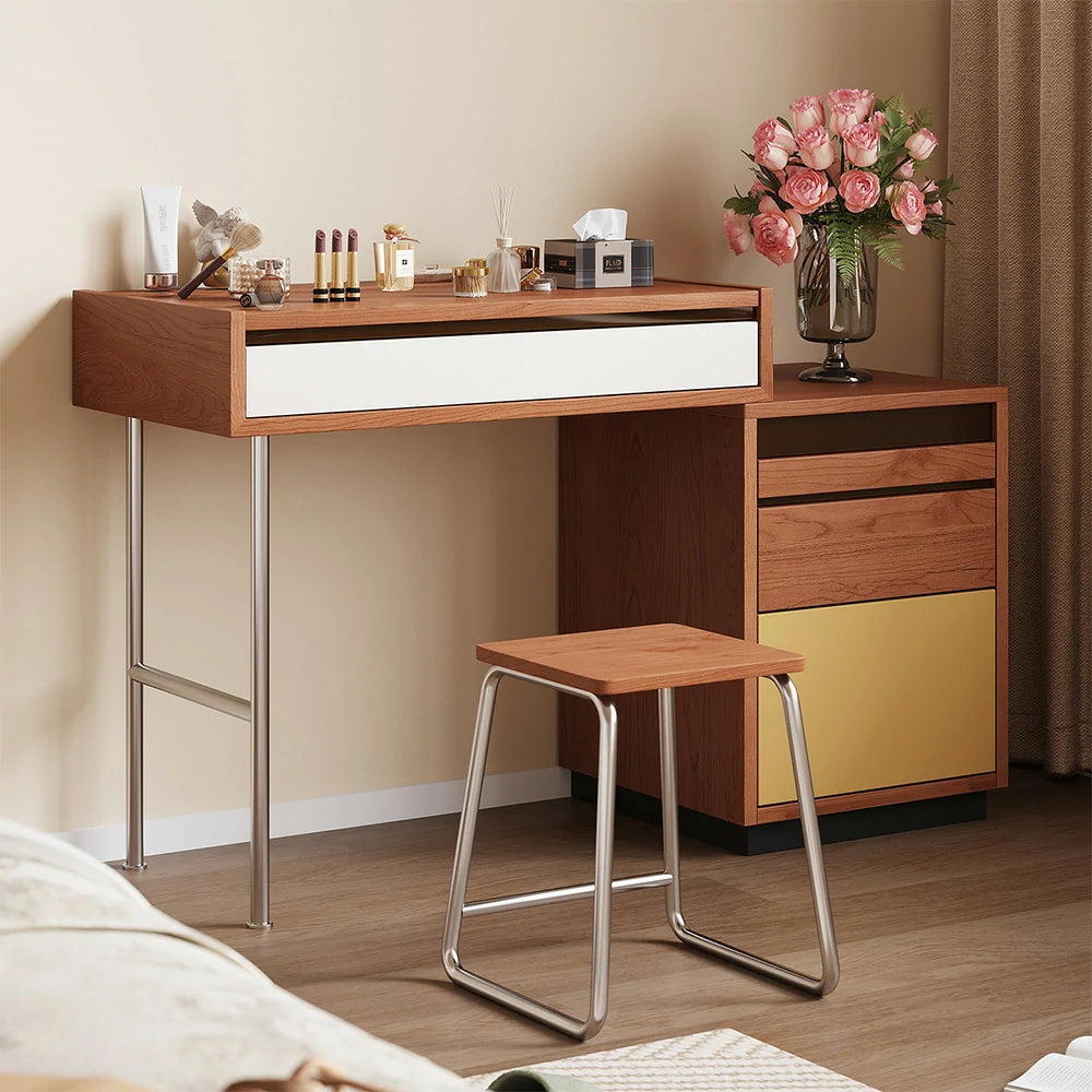 LIVARA 8812 Solid Wood Vanity Table, Rubberwood With Cherry Veneer, Stainless Steel Legs, Soft-Close Drawers, Extendable Tabletop - Wood