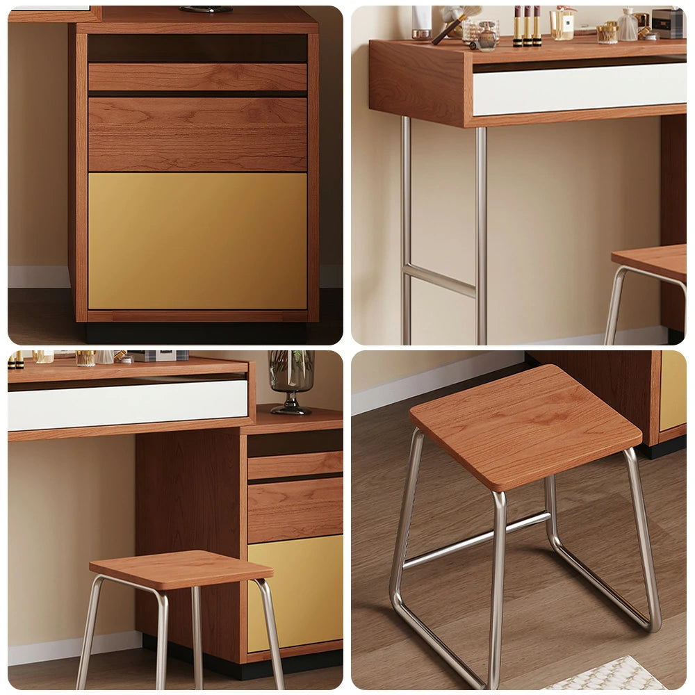 LIVARA 8812 Solid Wood Vanity Table, Rubberwood With Cherry Veneer, Stainless Steel Legs, Soft-Close Drawers, Extendable Tabletop - Wood