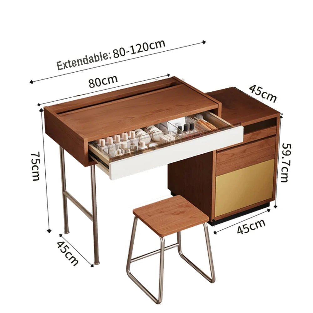 LIVARA 8812 Solid Wood Vanity Table, Rubberwood With Cherry Veneer, Stainless Steel Legs, Soft-Close Drawers, Extendable Tabletop - Wood