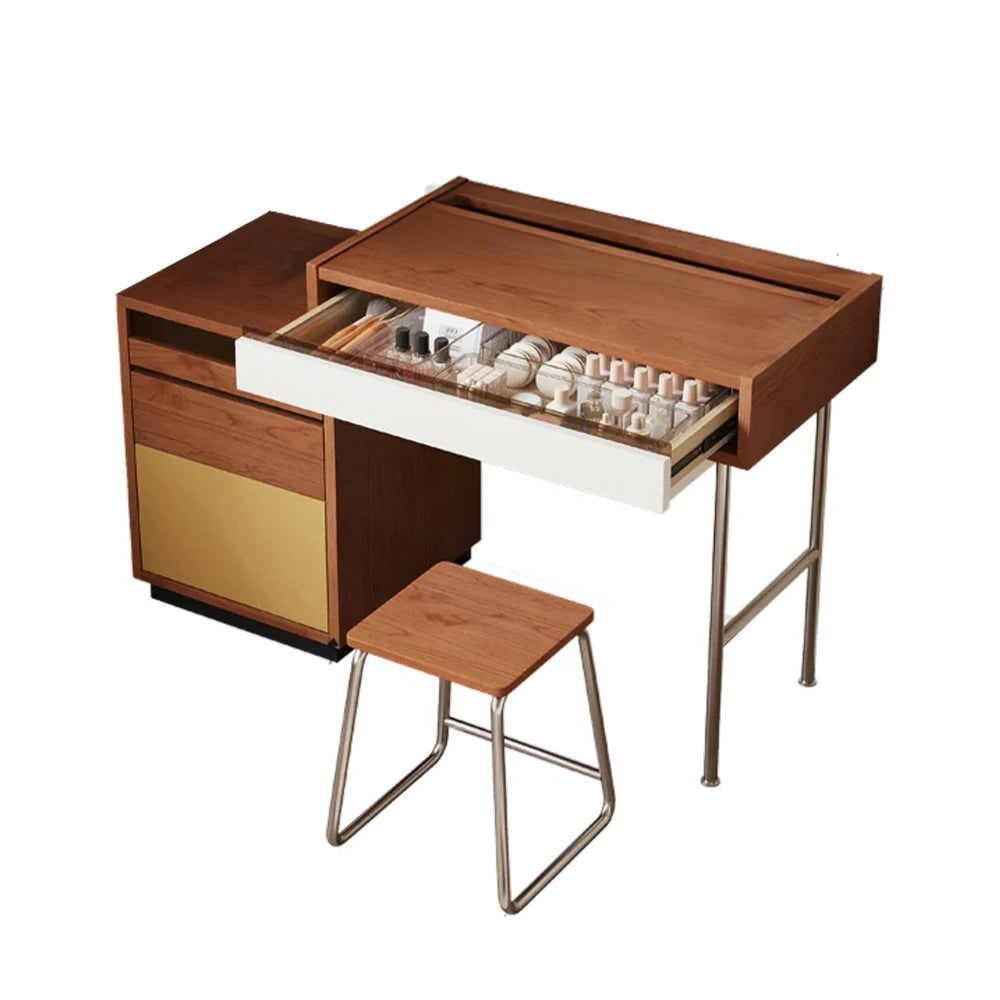 LIVARA 8812 Solid Wood Vanity Table, Rubberwood With Cherry Veneer, Stainless Steel Legs, Soft-Close Drawers, Extendable Tabletop - Wood