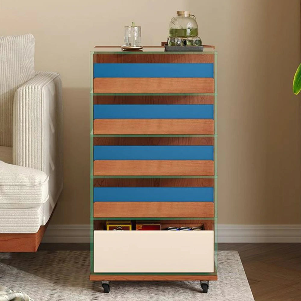 LIVARA 8813 Solid Wood Storage Cabinet, Rubberwood with Cherry Veneer, 12mm Transparent Glass Frame, 5 Colourful Drawers, Silent Casters - Wood and Blue