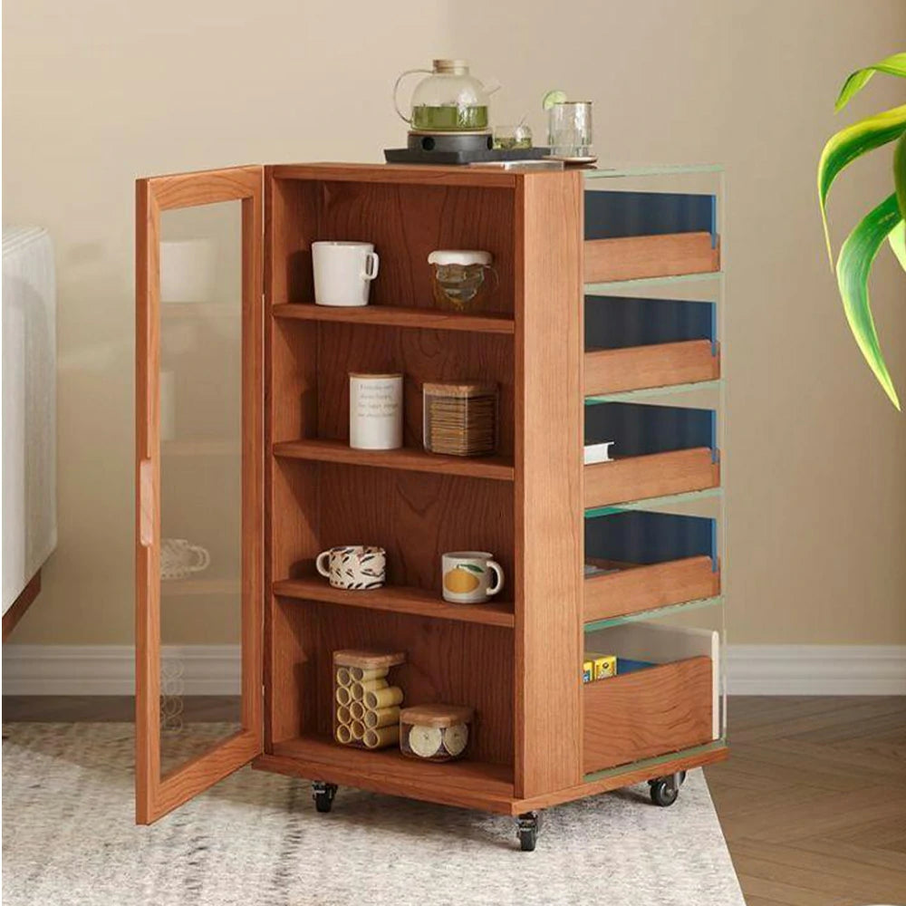 LIVARA 8813 Solid Wood Storage Cabinet, Rubberwood with Cherry Veneer, 12mm Transparent Glass Frame, 5 Colourful Drawers, Silent Casters - Wood and Blue