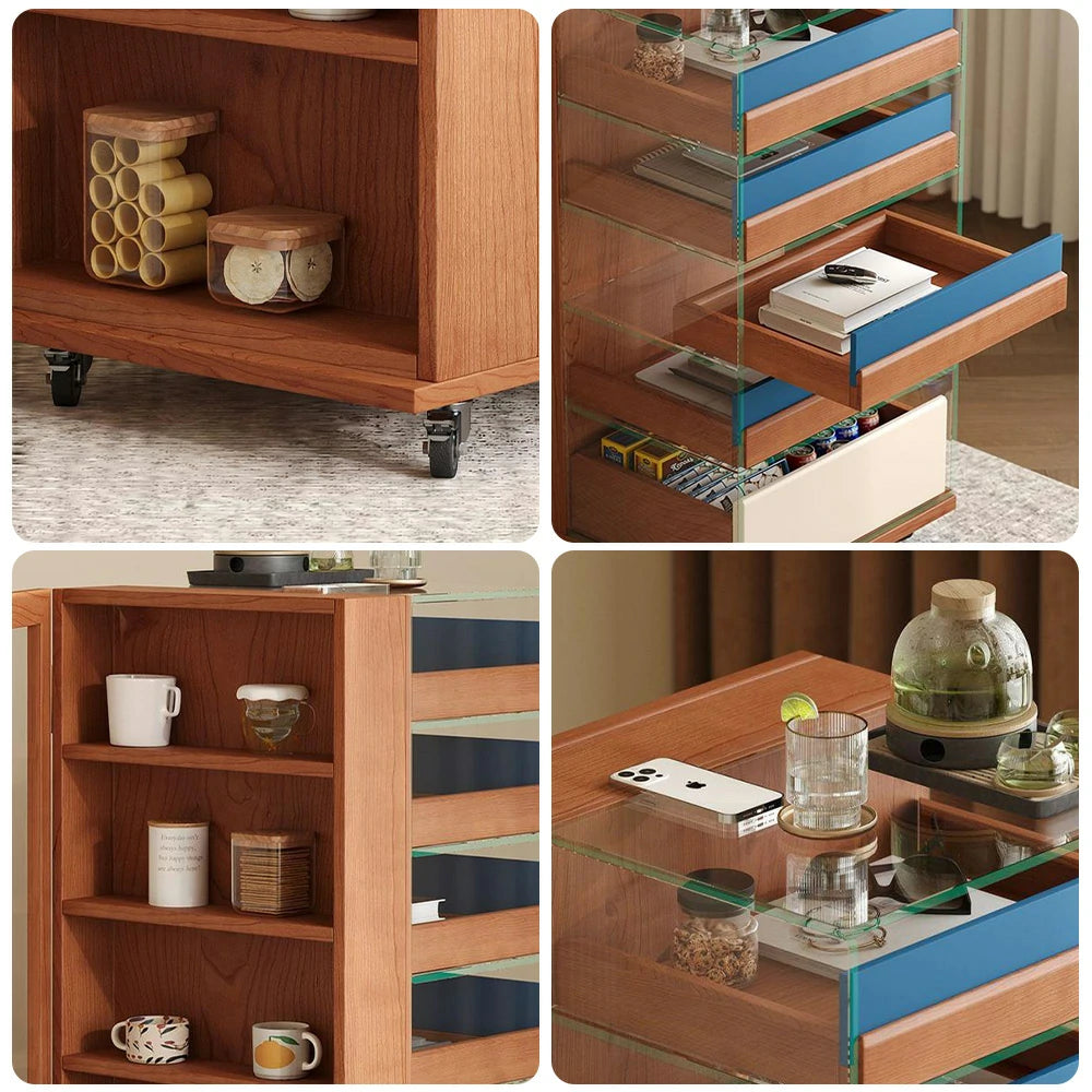 LIVARA 8813 Solid Wood Storage Cabinet, Rubberwood with Cherry Veneer, 12mm Transparent Glass Frame, 5 Colourful Drawers, Silent Casters - Wood and Blue