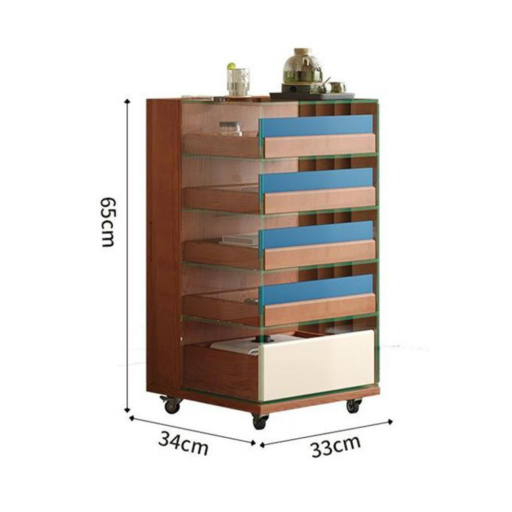 LIVARA 8813 Solid Wood Storage Cabinet, Rubberwood with Cherry Veneer, 12mm Transparent Glass Frame, 5 Colourful Drawers, Silent Casters - Wood and Blue